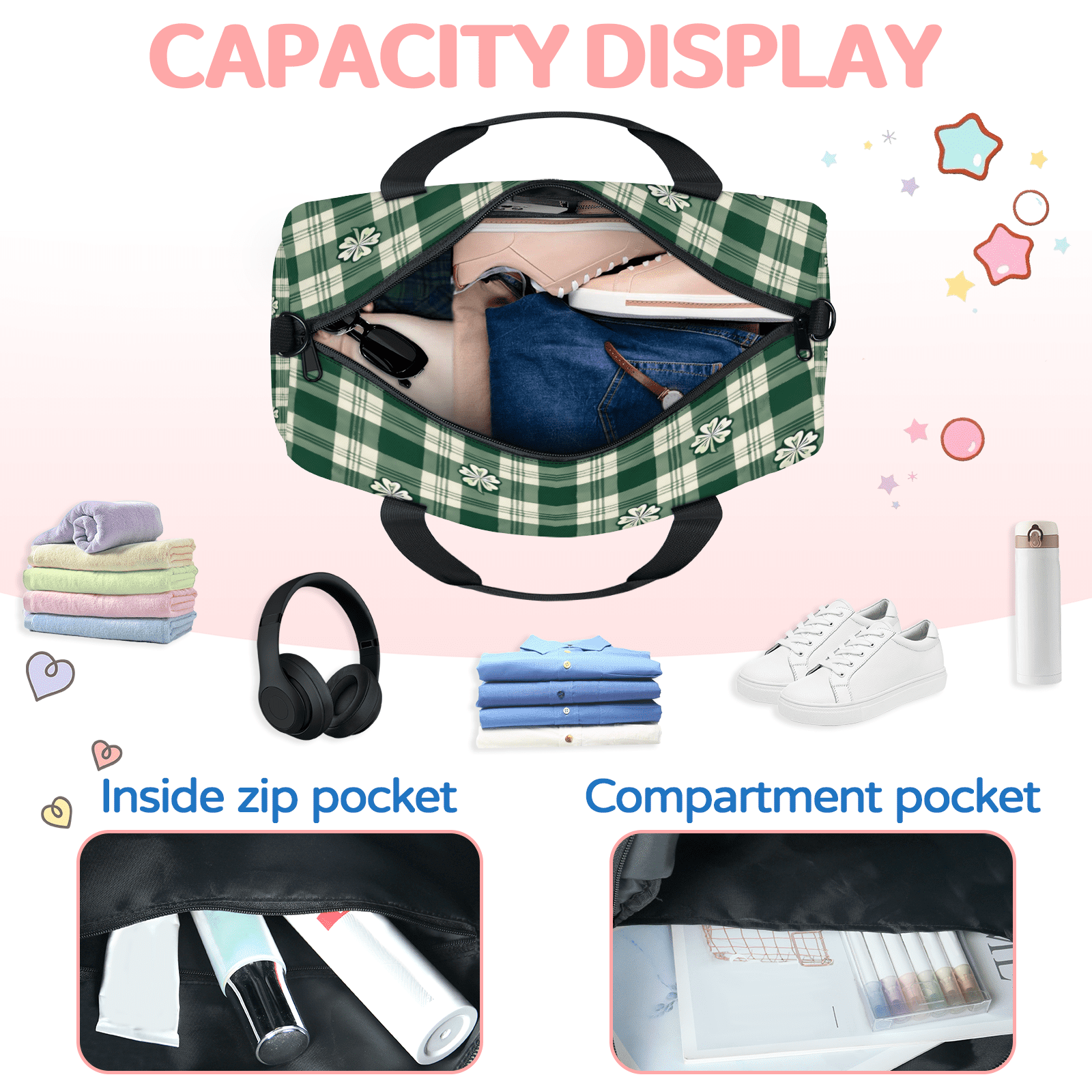 Herdesigns St. Patrick's Day Clover Shamrock Irish Gym Bag for Women, Duffle Bag for Travel Sport, Lightweight Waterproof Carry on Weekender Overnight Dance Yoga Workout Bags