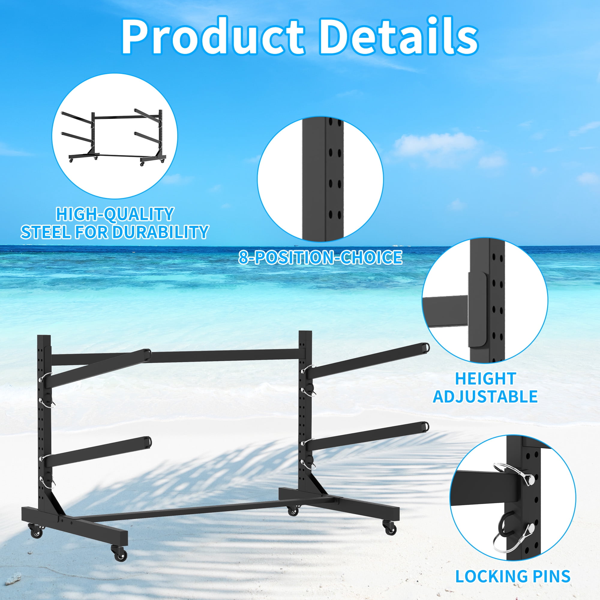 Kayak Storage Rack, Heavy Duty Adjustable Stand for Kayaks/Canoes/Surfboards/Paddleboards, Space Saving Kayak Rack, Wide Anti-Tip Base, Sturdy Metal Frame for Indoor Outdoor Garage Storage