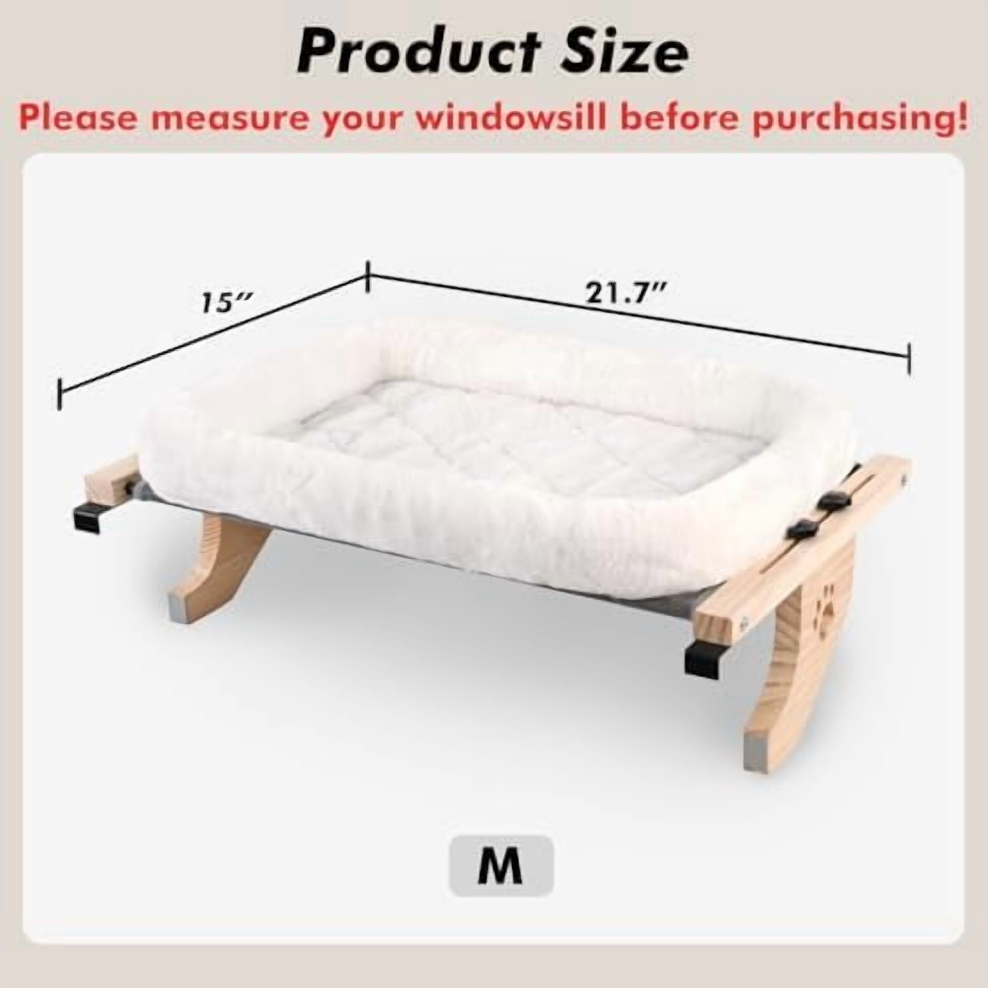Cat Sill Window Perch Sturdy Hammock Window Seat with Cushion Bed Cover, Wood & Metal Frame for Large Cats, Easy to Adjust Cat Bed for Windowsill, Bedside, Drawer and Cabinet (M)