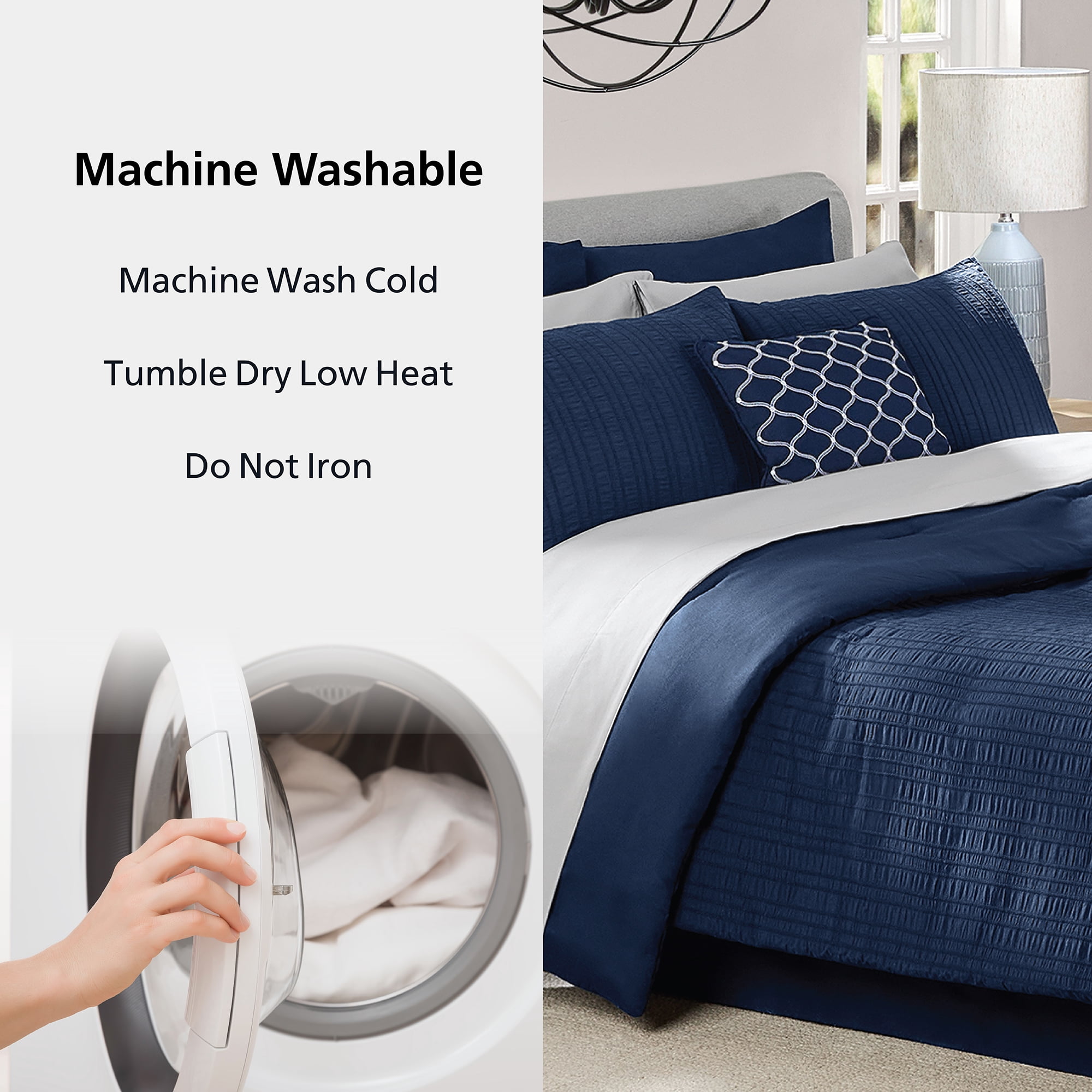 Mainstays All in One Reversible Comforter and Sheet set- 11 Piece, Full, Navy Seersucker
