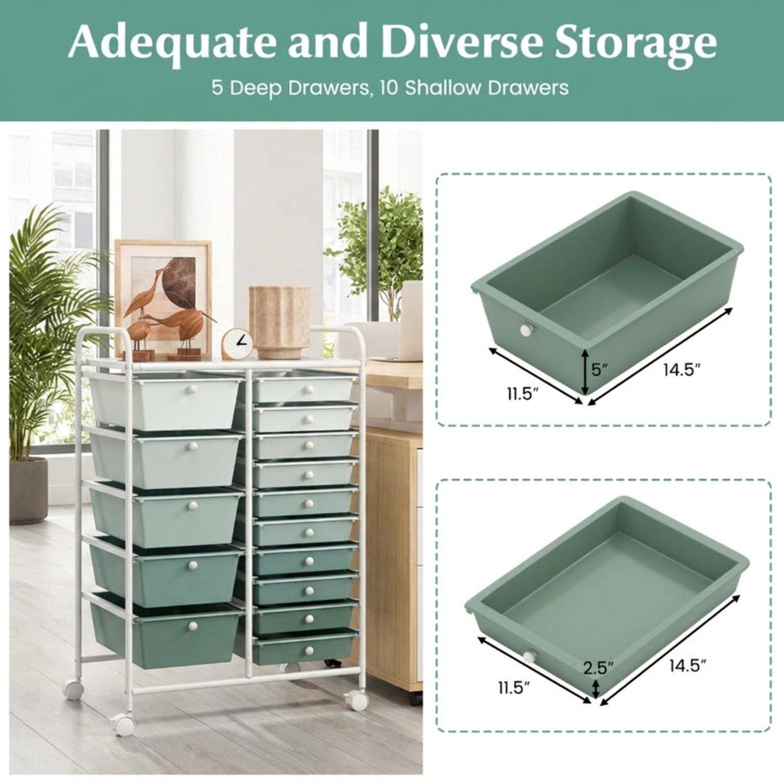 Furnibear 15-Drawer Utility Rolling Cart with Drawers Multi-Use Storage Organizer for Home Office Craft Room Classroom, Lime Green