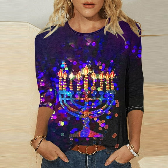 Cavosen Hanukkah Womens Long Sleeve Blouses Hebrew Gift Candles FunnySweatshirt Crew Neck Stretch Chanukah Jewish Cute Tee Tops