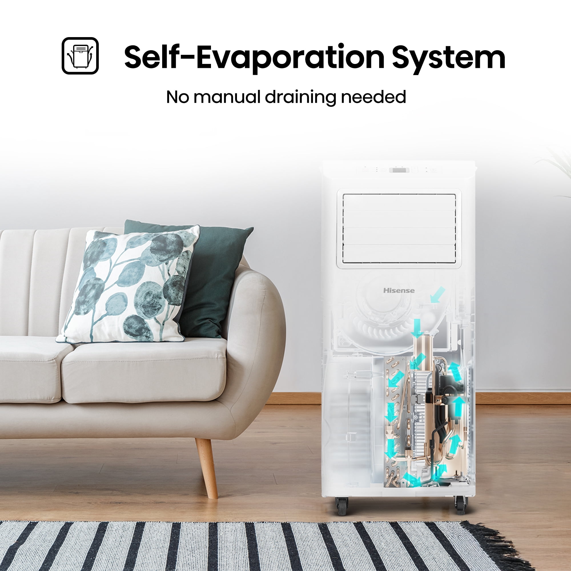 Hisense 5,000 BTU Portable Air Conditioner 150 sq ft. Multi-Purpose Modes, Dual Control System, Easy Clean, Snap-Assembly Window Kit, Self-Evaporation System, White (WAP0525CR1W)