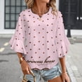 thumbnail image 3 of Pink Polka Dot Lace Border Women's V-Neck Blouse With 3/4 Ruffled Bell Sleeves Casual Top Ladies Blouses, 3 of 7