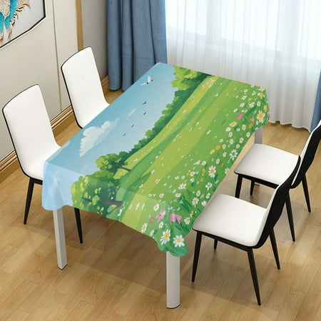 

60x90 Inch Tablecloth Polyester Square Tablecloth for Home Kitchen Dinner Decor Green Meadow with Trees