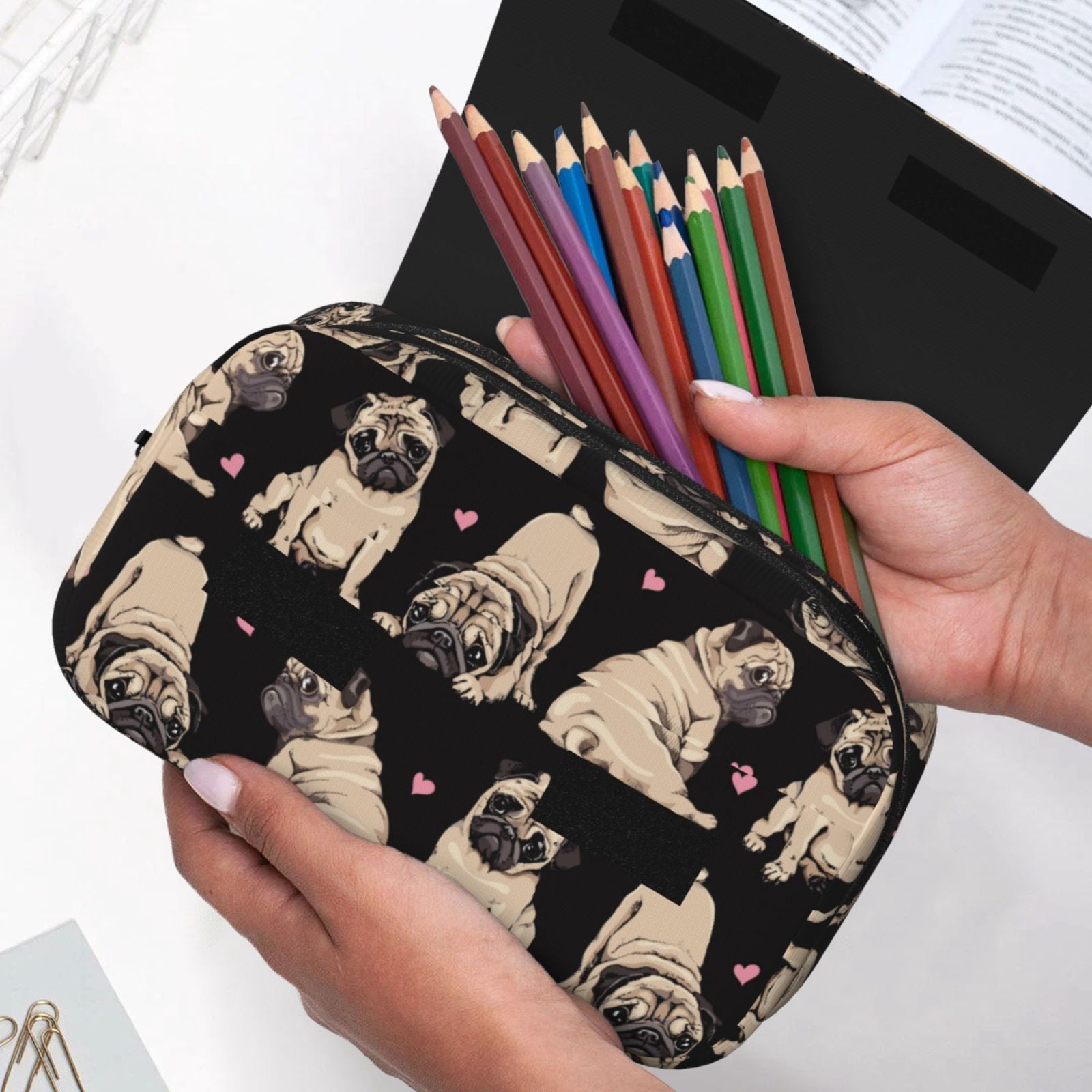 Rateoe French Bulldog Pattern Double Clamshell Pen Case, Storage Organizer with Two Zipper Compartments– Holds Up to 50 Pencils & Pens