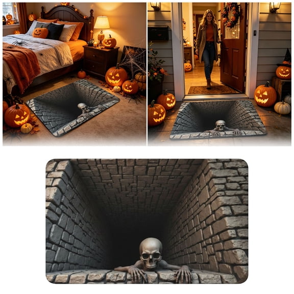 Halloween 3D Optical Illusion Brick Bottomless Area Rug - Non-Skid Quick Dry Scary Mat for Bathroom Bedroom Living Room, Soft Polyester Floor Carpet for Fall Home Decor and Party Accent