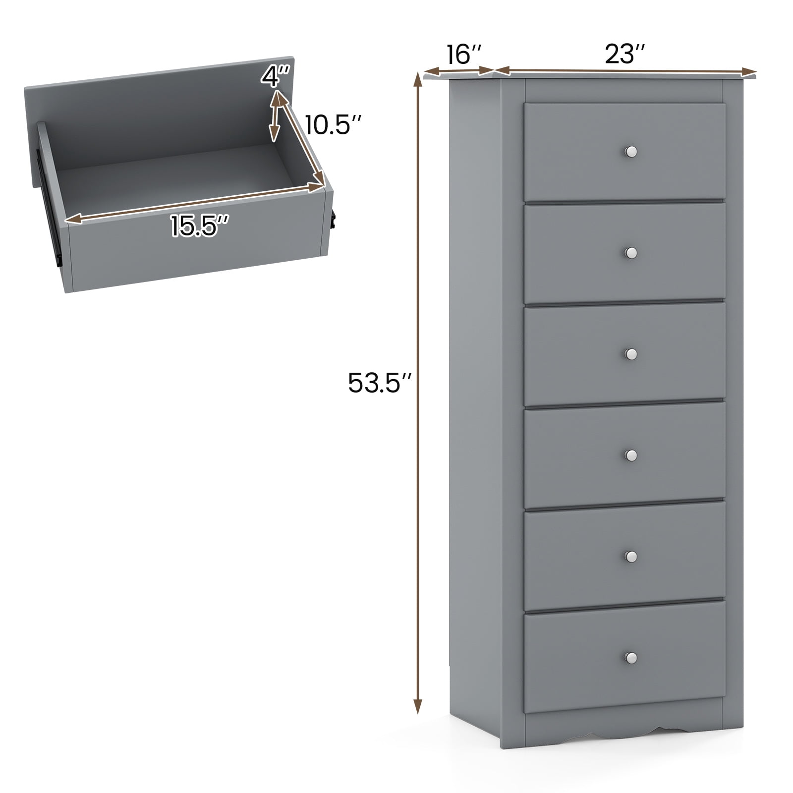 Giantex 6 Dresser Chest, Free Standing Wooden Storage Cabinet, Tall Dresser Clothes Organizer, Grey