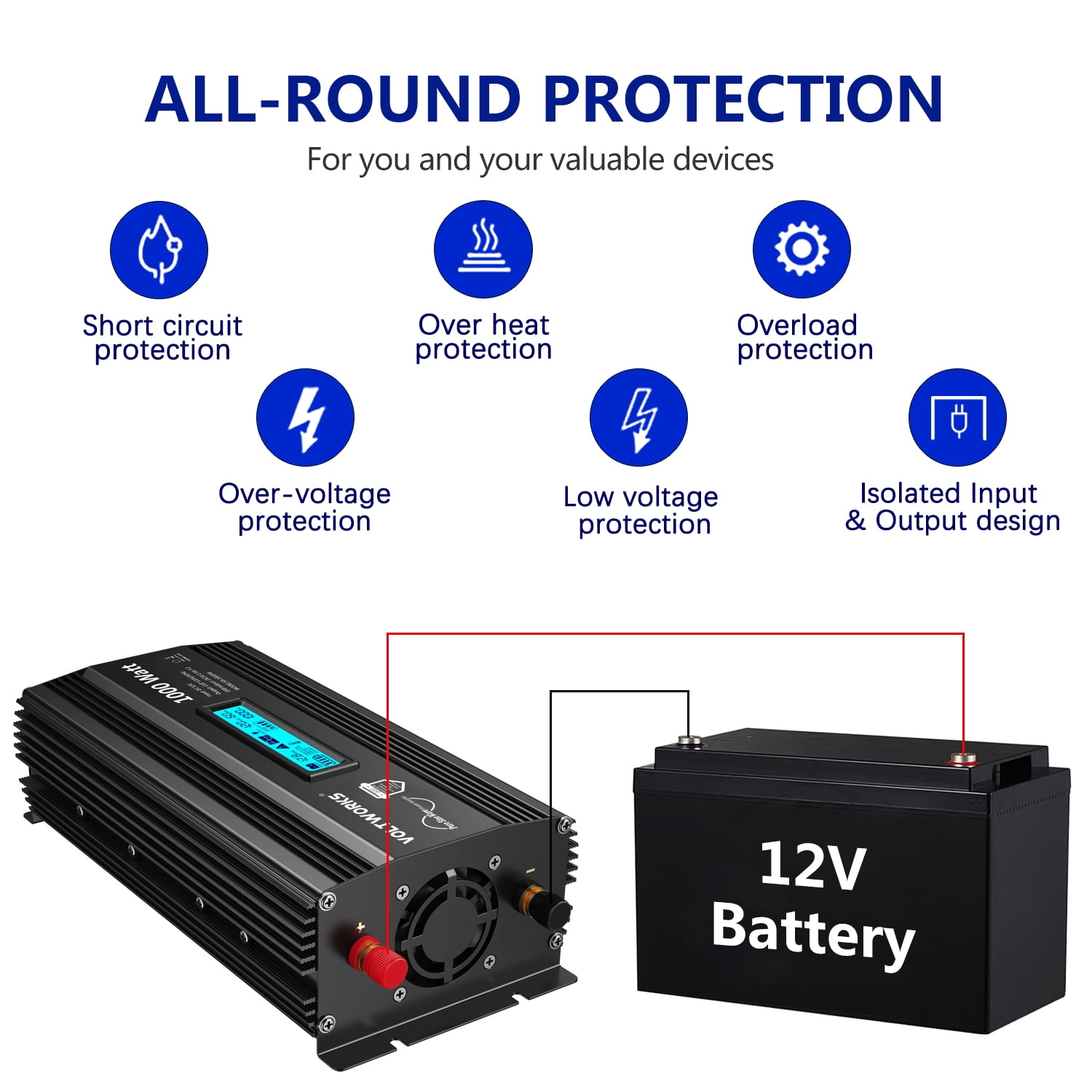 VOLTWORKS Power Inverter 1000 Watts Pure Sine Wave Inverter DC 12v to AC 110V-120V with LCD & 2.4A Dual USB