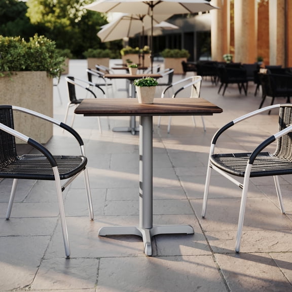 Flash Furniture 30" x 24" Outdoor Tabletop, Dark Brown, Seamless Surface Technology, 22x22 Silver Cast Iron X Base, Moisture, Scratch, Heat, UV Resistant