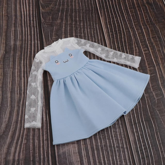 Vestido de muñeca BJD 1/4 con manga de encaje estampado de cara de gato perfke Azul