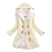Women Hooded Cardigans Thick Plush Lined Knitted Sweater Coat with Pockets for Casual Daily Button Up Long Sleeve Winter Outwear Hip Length  5XL Beige
