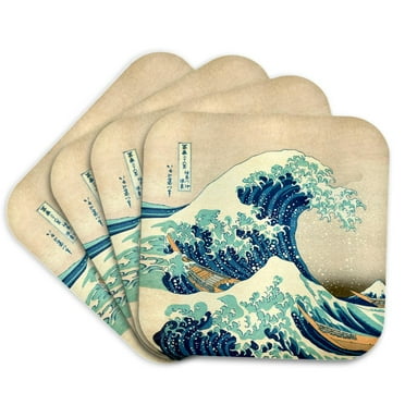 3dRose, The Great Wave off Kanagawa by Japanese artist Hokusai - dramatic blue sea ocean Ukiyo-e print 1830, Set of 4 Coasters - Soft