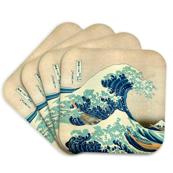 3dRose, The Great Wave off Kanagawa by Japanese artist Hokusai - dramatic blue sea ocean Ukiyo-e print 1830, set of 4 Coasters - Soft