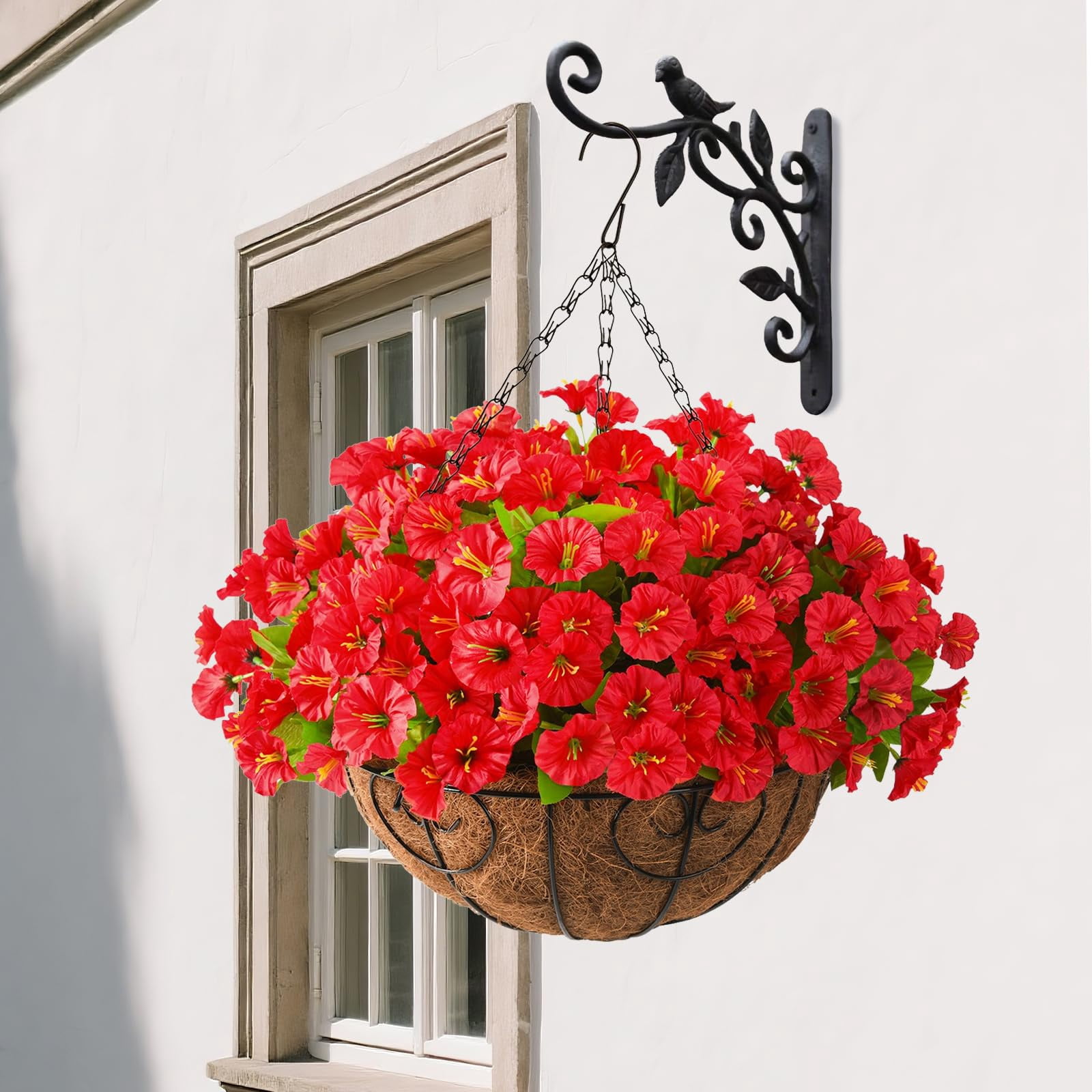 Artificial Hanging Flowers Plants with Basket for Outdoors Spring Decoration,Fake Petunias Flowers