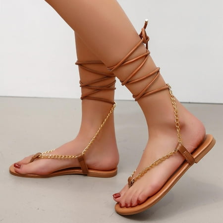 

Zpanxa Womens Sandals Shoes Sexy Metal Chain with Thin Straps Ankle Loops Straps Flat Sandals Wedge Sandals for Women Khaki 39