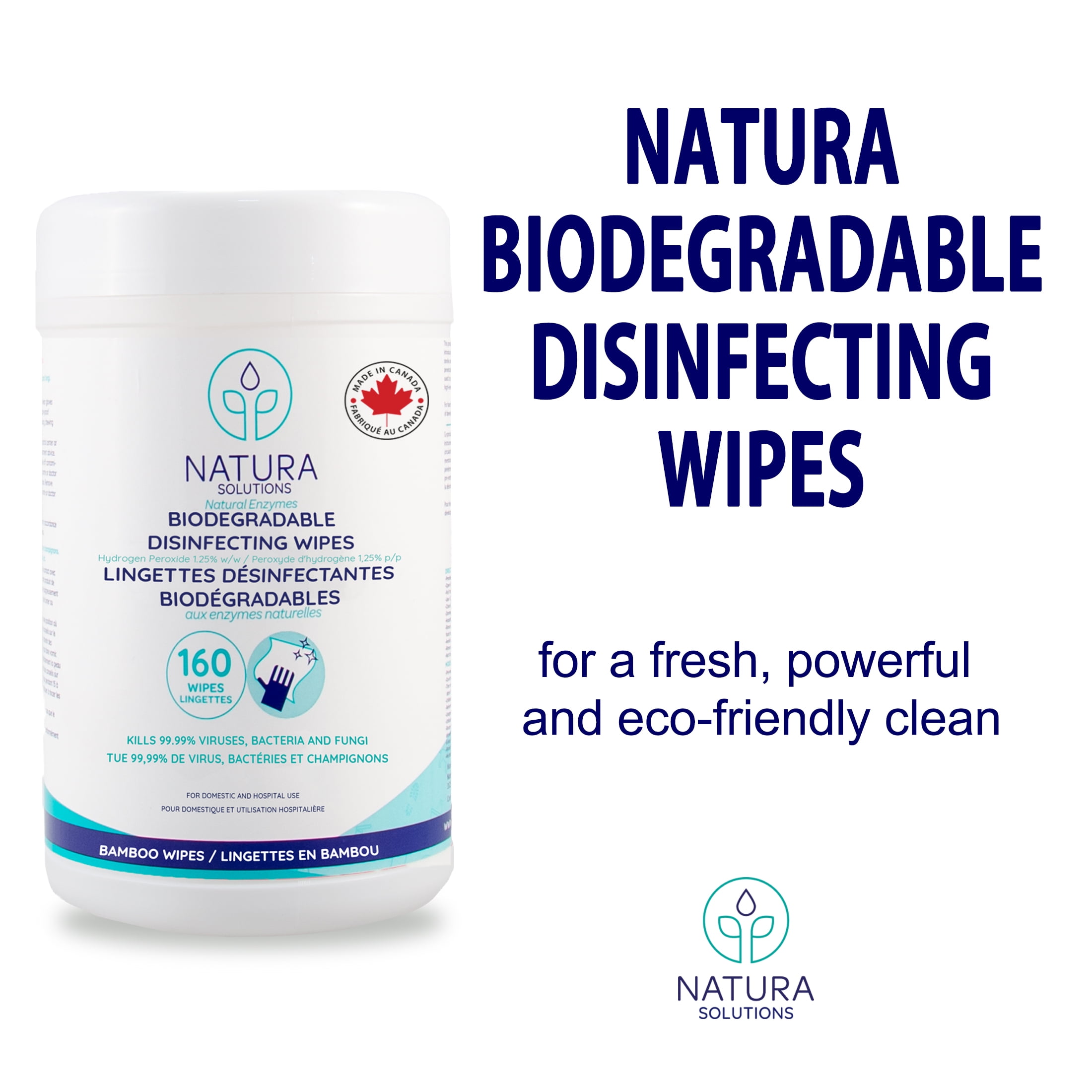 Natura Solutions Biodegradable Disinfecting Wipes, Eucalyptus, 160 Count, Single Use, White