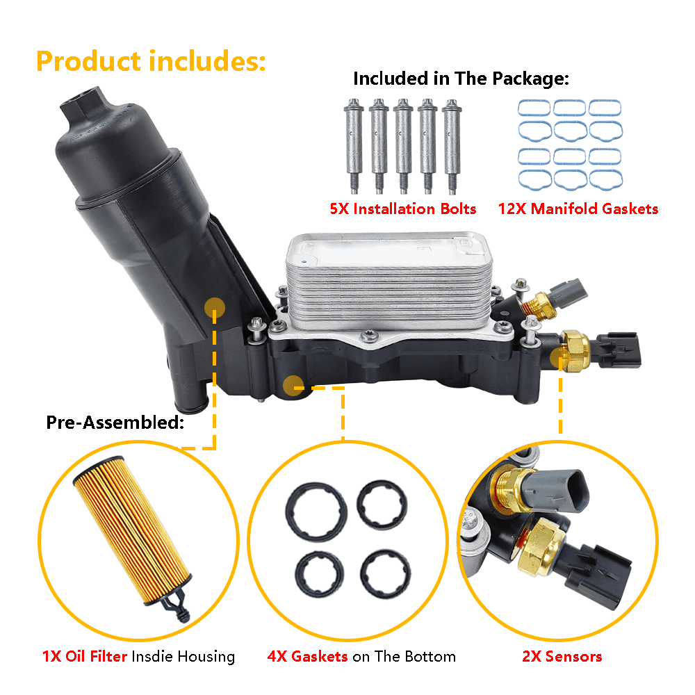 Engine Oil Cooler & Oil Filter Housing Assembly | Fit for 2014-2016 Chrysler 200 300, Jeep Grand Cherokee Wrangler, Dodge Challenger Charger Durango, Ram 1500 ProMaster 3.6L V6 | OE# 68105583AF