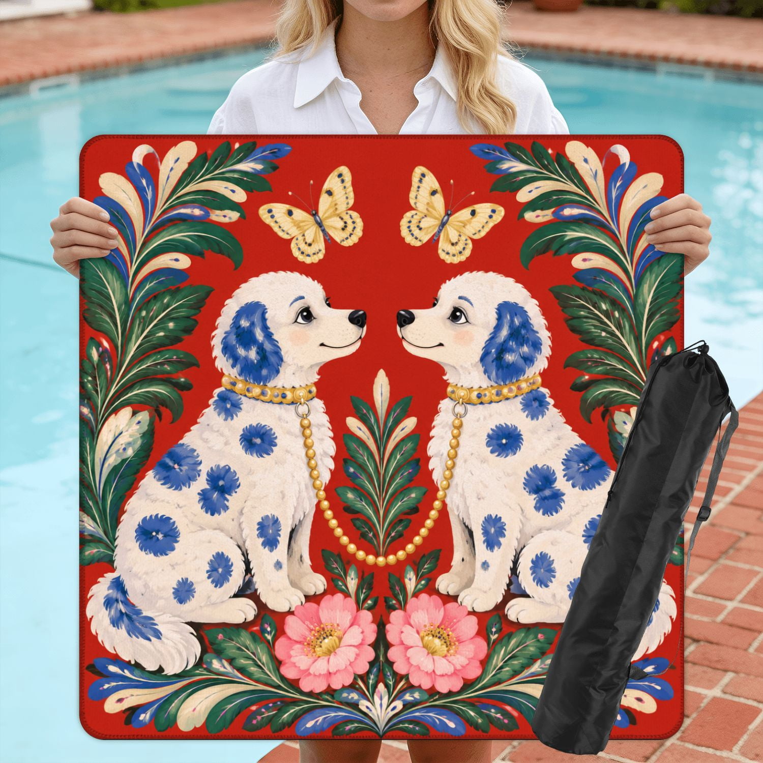 Mahjong Mat 31.5" x 31.5" Symmetrical Blue Spotted Poodles Floral Butterfly Folk Art Red Non-Slip Noise Reduction American Mahjong Tiles Table Cover for Dominoes Poker Card Board Games Gift