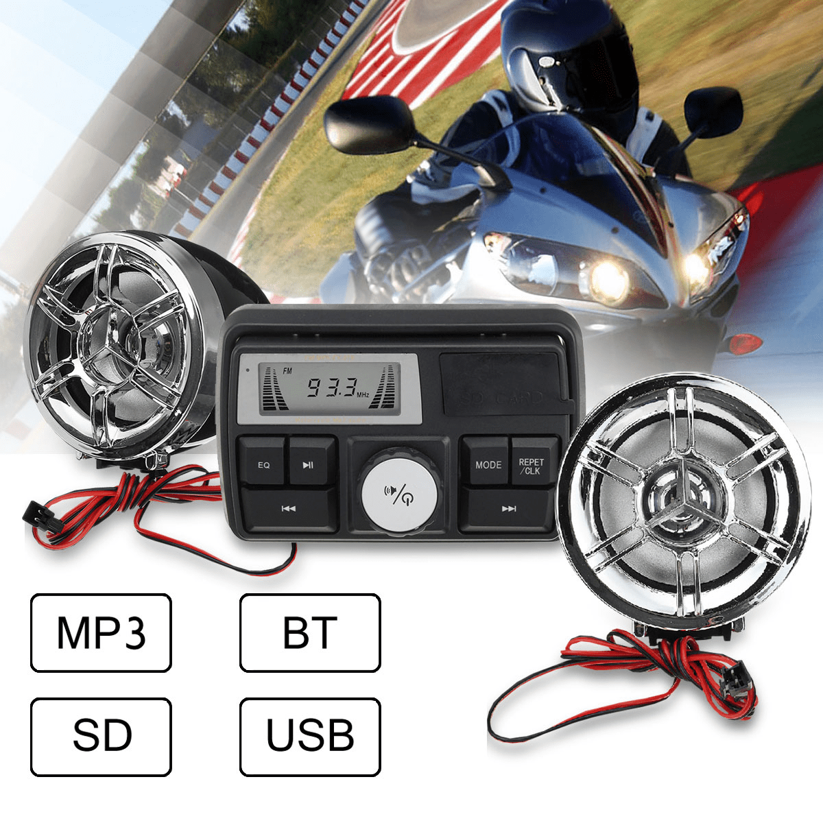 Motorcycle FM Audio Radio Sound System Stereo Speakers MP3 Digital Clock Alarmer