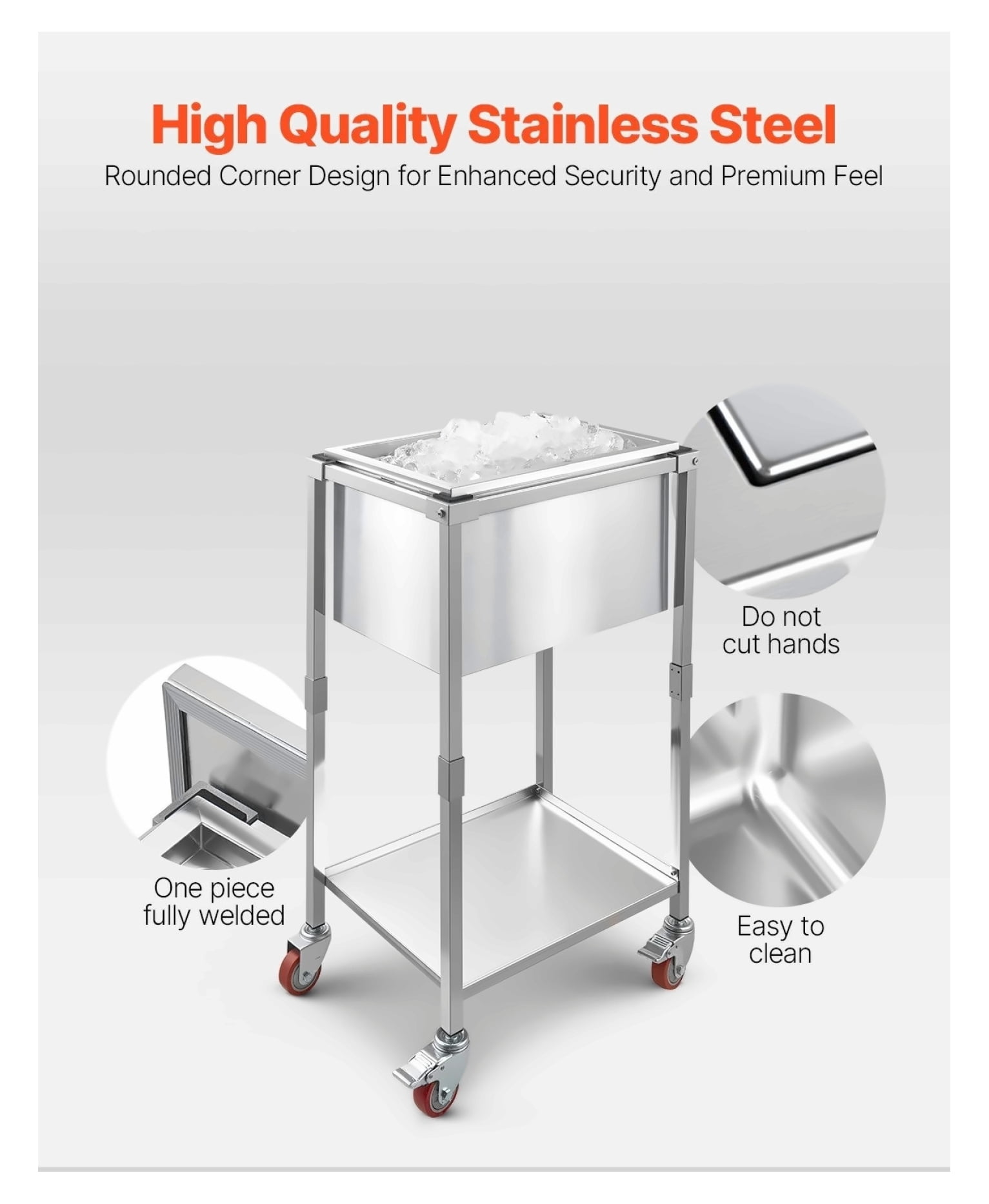 Rolling Ice Chest Cooler Cart, 32.8 Quart Stainless Steel Ice Bin on Wheels, Outdoor Party Cooler Trolley with Shelf, 22x16x38 Inch