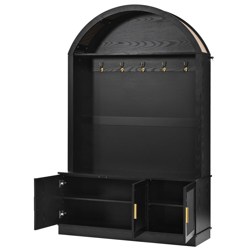 Farmhouse Hall Tree with Arched Top, Mid-Century Fluted Door Entryway Bench with Storage Cabinets & Adjustable Shelves, Coat Rack with 5 Metal Hooks for Hallway