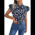 thumbnail image 1 of Blusas Bohemias de con Cuello Alto, Corta con Volantes y Estampado Floral para Mujer, Estilo Informal, Elegante, de Verano 2025. Azul Oscuro XL, 1 of 7
