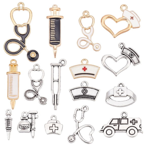 1box 1 box 72pcs Nurse Charms Medical Charms Doctor Charm Enamel Stethoscope Syringe Nurse Cap Hat Charms for Jewelry Making Charm Nurse Day Nurse's Week Earrings Bracelet Keychain DIY Supplies