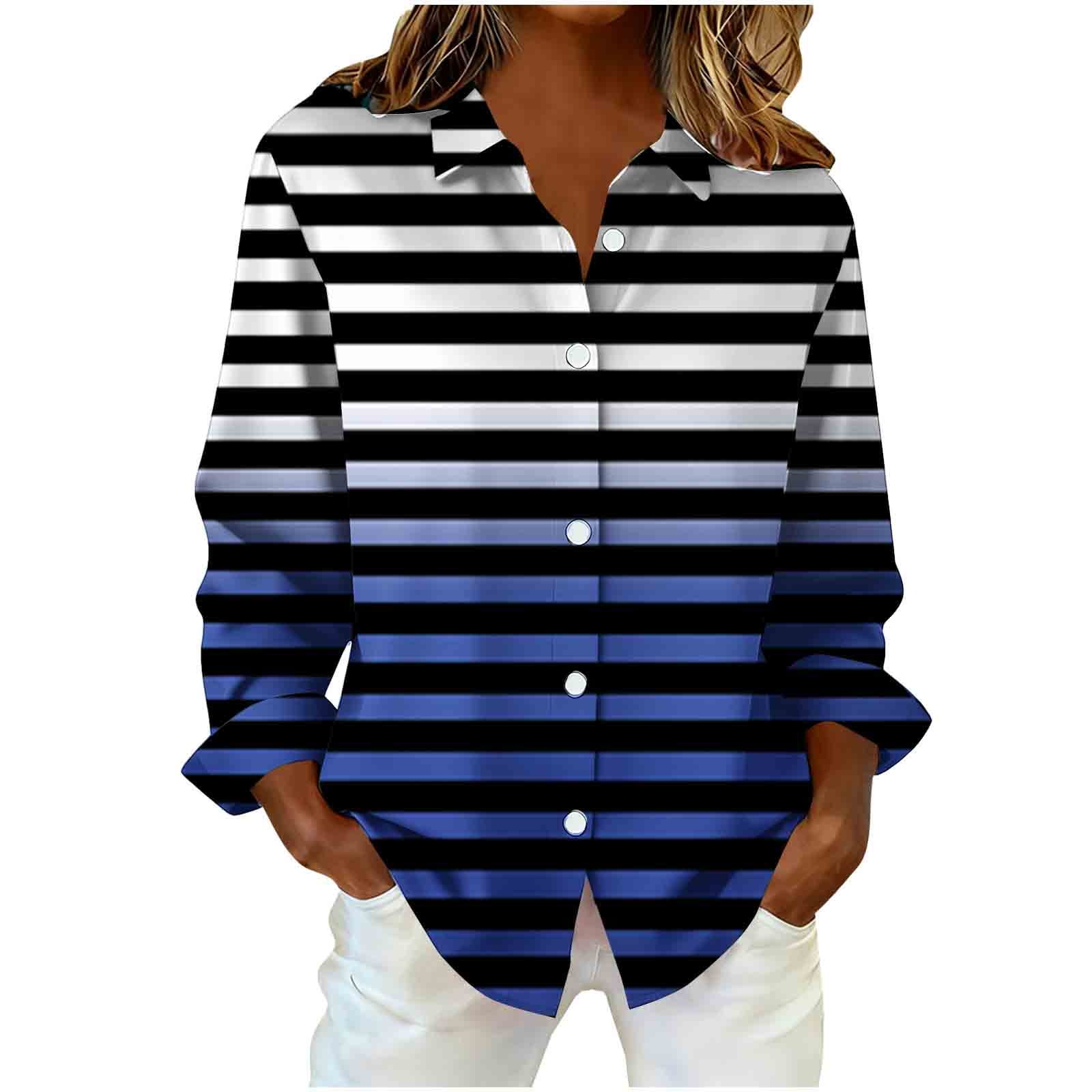 2 Pack ylioge Shirts for Women Plus Size S-5X Long Sleeve Button-Down Collared Blouses Womens Trendy Stripe Printed Breathable Hawaiian Beach Tops
