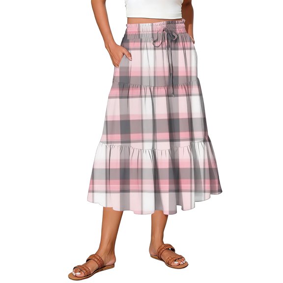 Midi Skirts For Women Drawstring High Waist Tiered Skirt Elastic Buffalo Plaid Print Loose Skirts Flowy A-Line Skirt With Side Pockets Light pink XL