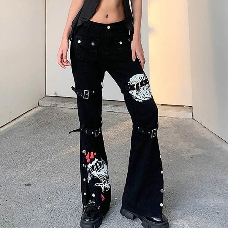 YYDGH Women's Goth Baggy Jeans Wide Leg E-Girl Grunge Gothic Pants Harajuku  Y2k Tripp Pants Punk Streetwear Black XL 