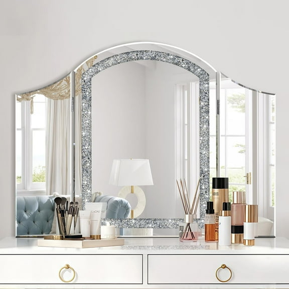 Modern Trifold Mirror, 32 x 24 Inch Crushed Diamond Vanity Mirror for Bedroom, Bathroom, Glam Mirrors for Wall Decor Entryway Fireplace Mantel