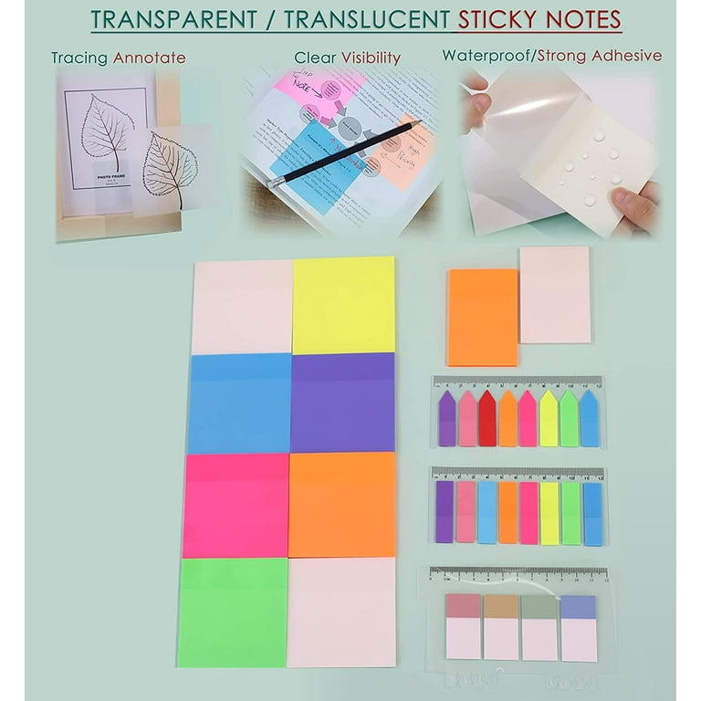 LAMBOCK 900 Pcs Transparent Sticky Notes, Value Pack with Waterproof,  Adhesive,Multicolor, Translucent Sticky Notes, Arrow Tabs, Index Tabs, Pastel  Tabs, See Through Notes for Note Taking, Annotation 