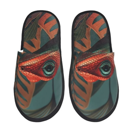 

Fuzoiu Colorful Reptile And Leaves Print Unisex Furry Slippers Plush Indoor Shoes Trendy House Slippers Anti-Skid EVA Sole House Shoes for Home Office and Travel -Medium