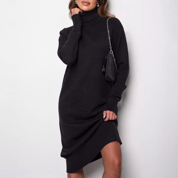 Winter Womens Dresses Fashionable Comfortable Casual Knitted Long Sleeved High Neck Solid Color Curvy Wrap Bump Friendly Mid Length Dress Black S-XL