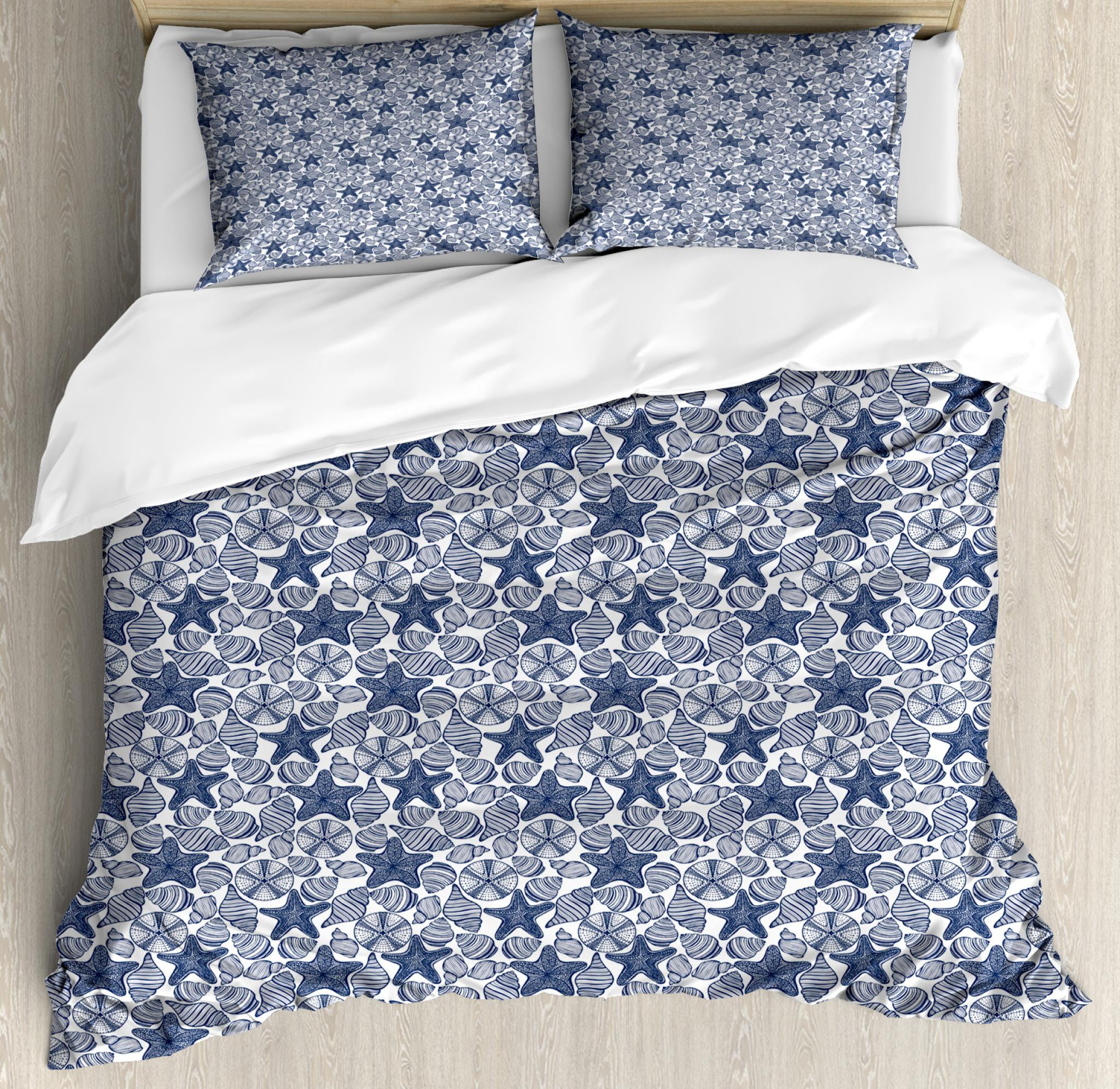 Blue And White Duvet Cover Set Queen Size Starfishes Shells And