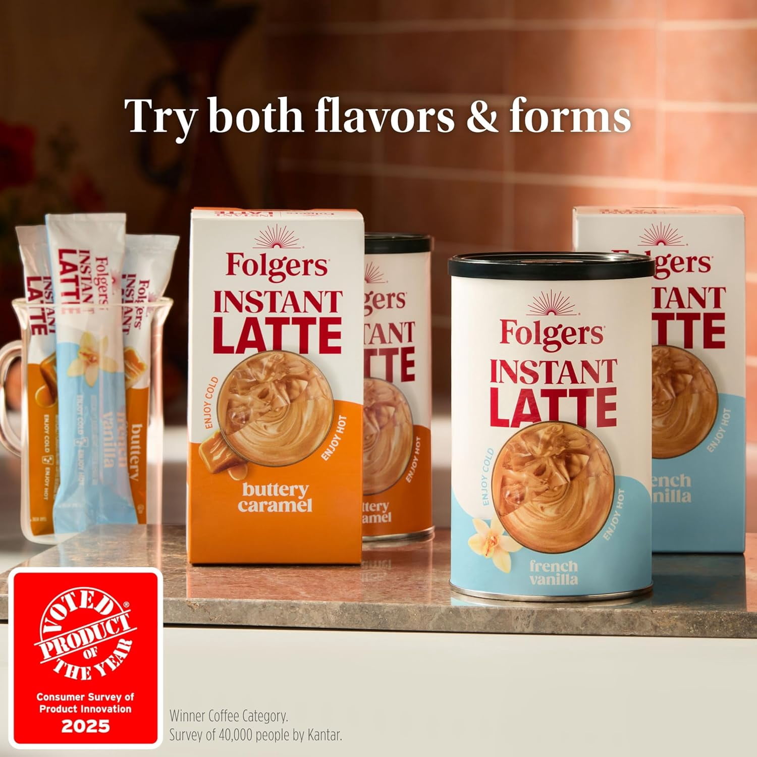Folgers Buttery Caramel Flavored Instant Latte Packets, Instant Coffee Beverage Mix, 4 Single Serve Packets, 4.2 oz Box