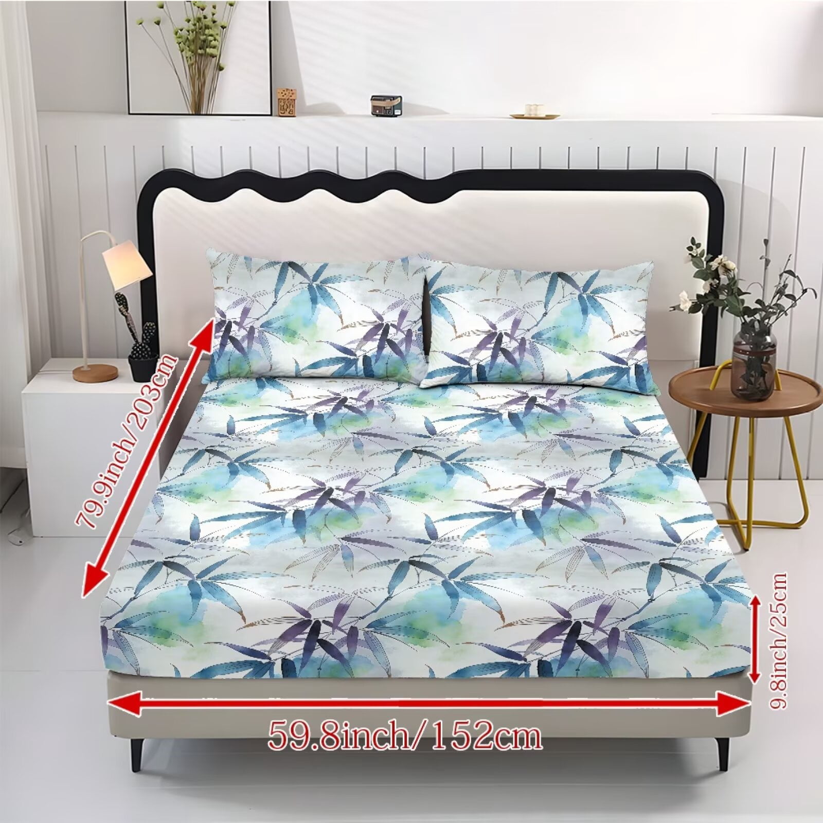 ZIATUBLES King Size Sheet Set, Breathable Durable Cooling Decor Bedding for Bedroom, 3 Pcs Bed Sheets Set - 1 Fitted Sheet, 2 Pillowcases (Oriental Bamboo Leaf Pattern)