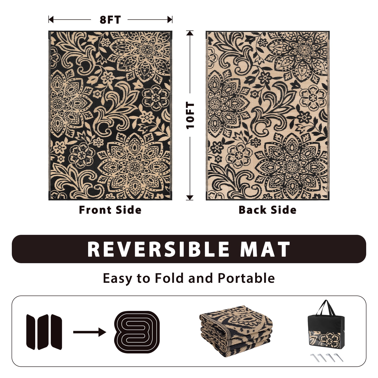 MJIAexp 6' x 9' Outdoor Rugs for Patio, Curved Geometric UV-Coated Waterproof RV Outdoor Rug, Reversible Plastic Straw Camping Rug Floor Mat for Backyard, Porch, Deck, Picnic, Beach Black-Gold