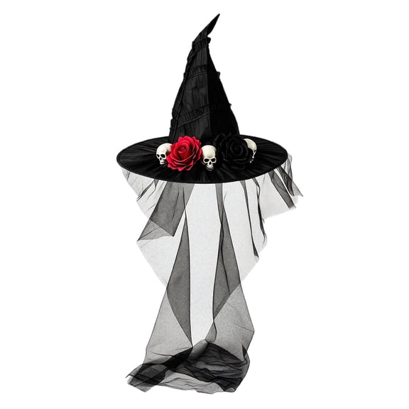 Halloween Witch Hat for Women with Mesh Veil, Pointed Cone Wide Brim Costume Hat, Gothic Wizard Headwear for Party Dress Up Cosplay Stage Black