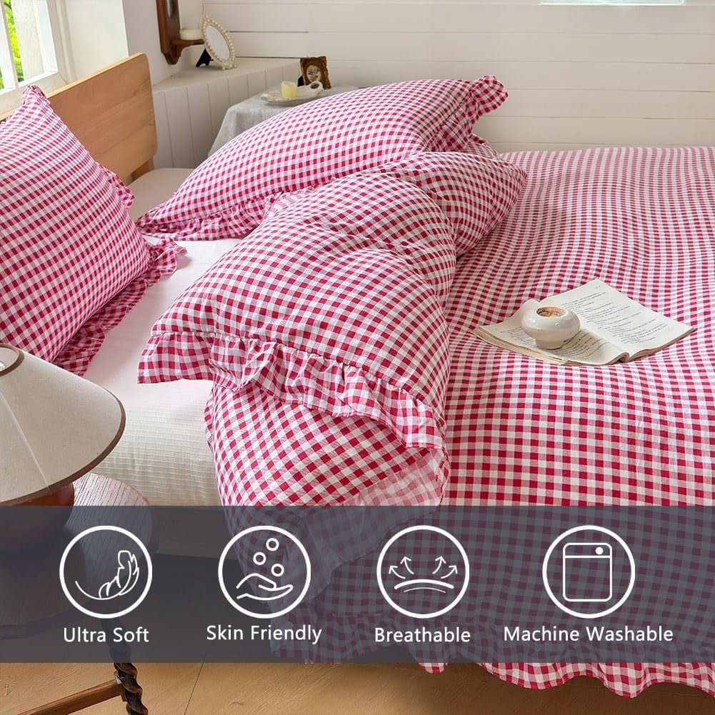 Red Gingham Ruffle Duvet Cover Twin Size, 2 Pieces Soft Pre-Washed Microfiber Checked Plaid Comforter Cover Set, Vintage Farmhouse Bedding Set(Red Gingham, Twin 68"x90")