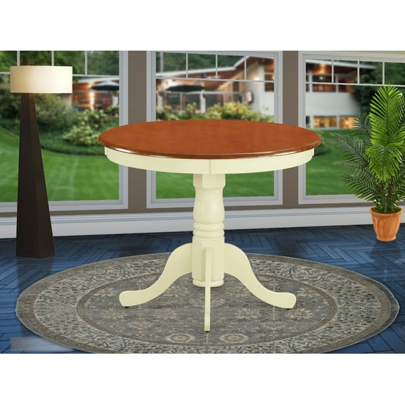 East West Furniture Antique 36 Inch Pedestal Round Dining Table, Cherry/Linen White