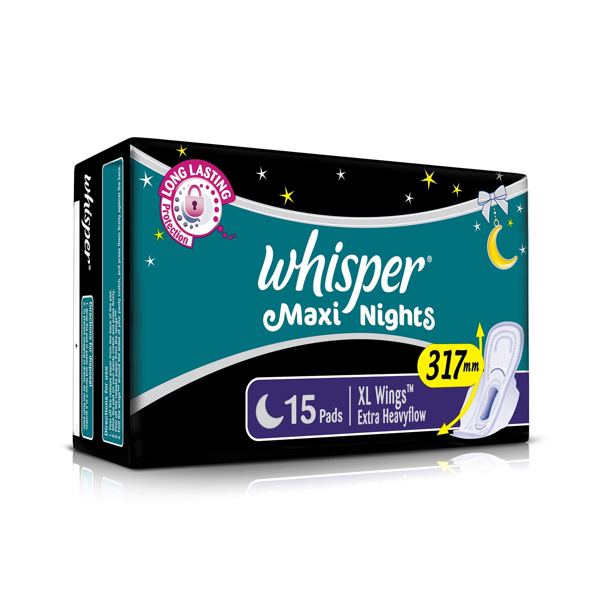 Whisper Maxi Nights Sanitary Pads for Women, XL, Pack of 15 