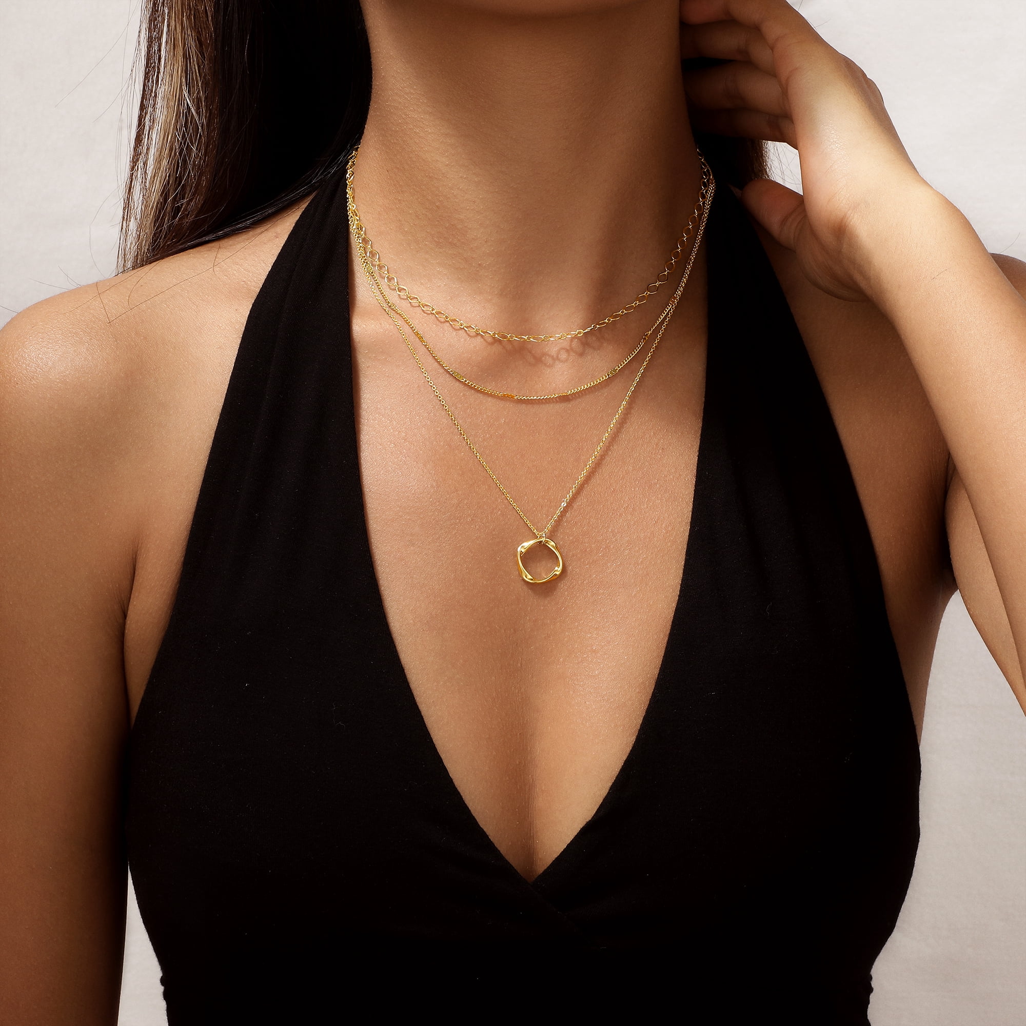 GOSFRY 3 layer 14K Gold/Silver Plated Necklaces Set for Women Dainty Stackable Circle Pendant Chain Perfect Jewelry Gifts