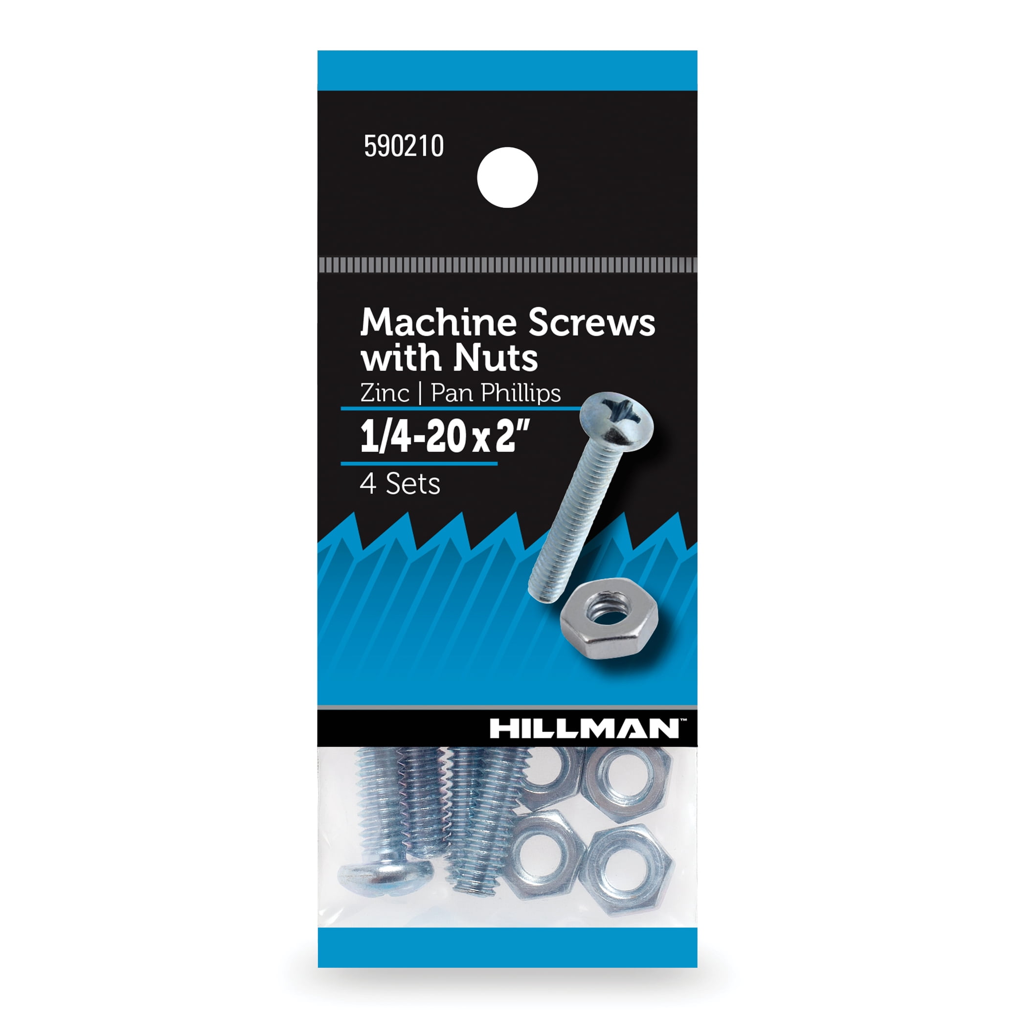 (5 pack) Hillman Machine Screws, 1/4" x 2", Steel, Zinc, Interior, Phillips, Silver, 4 sets