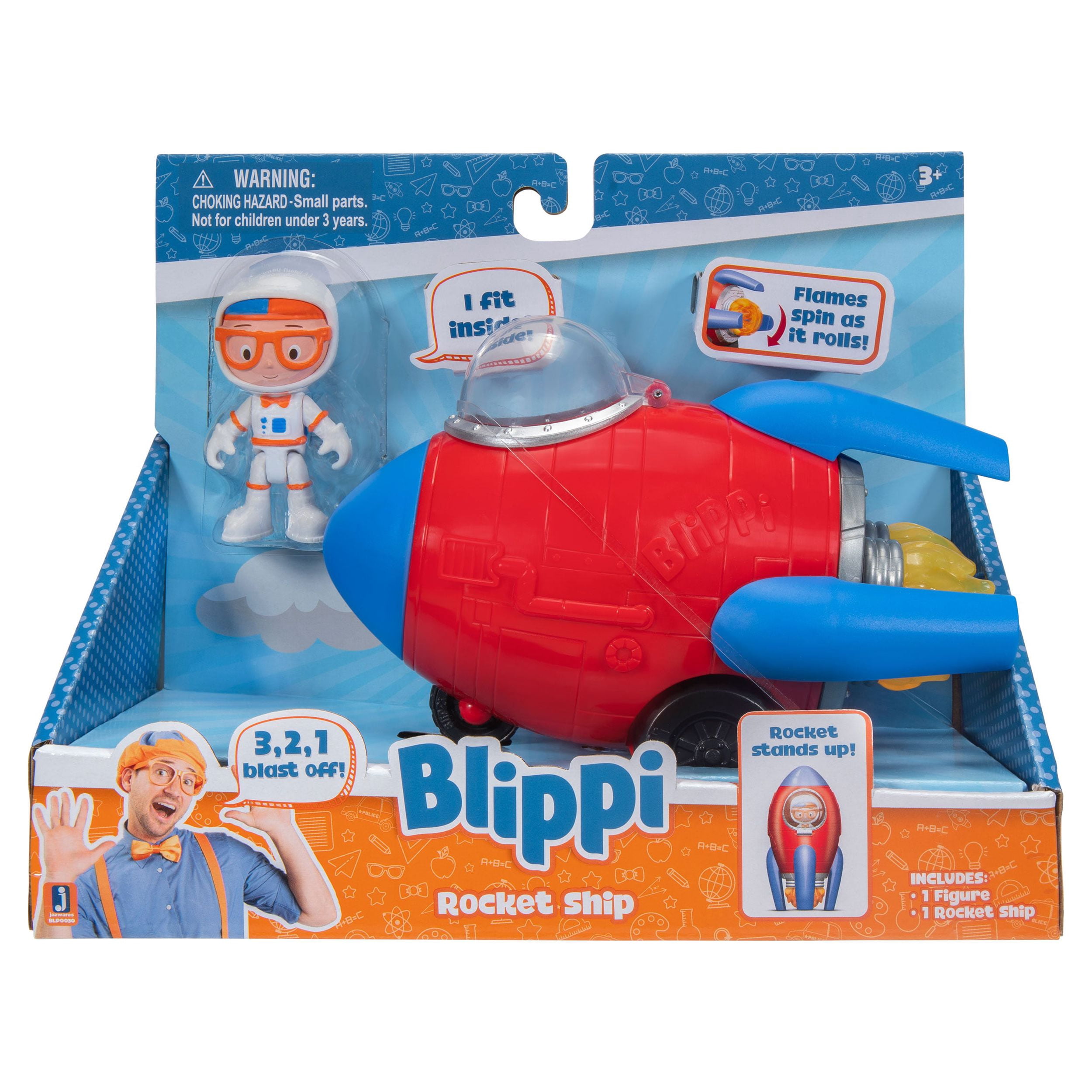 BLIPPI Rocket Ship Feature Vehicle with Blippi Figure, Free-Wheeling Toy, Plastic