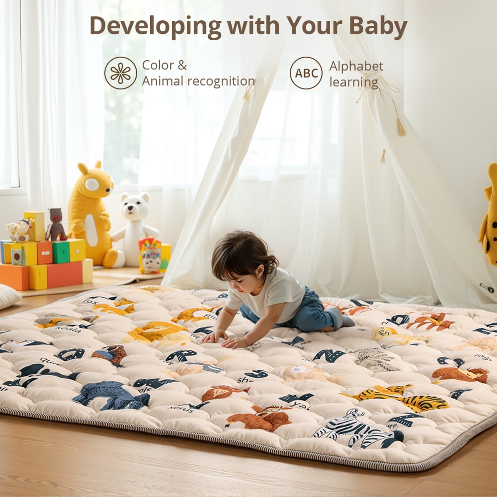 Baby Play Mat, Caveen Thicken Soft Cotton Baby Playmats, Foldable Anti-Slip Floor Crawling Playmat Playpen Mat for Infants and Toddlers, 71"x79", Beige