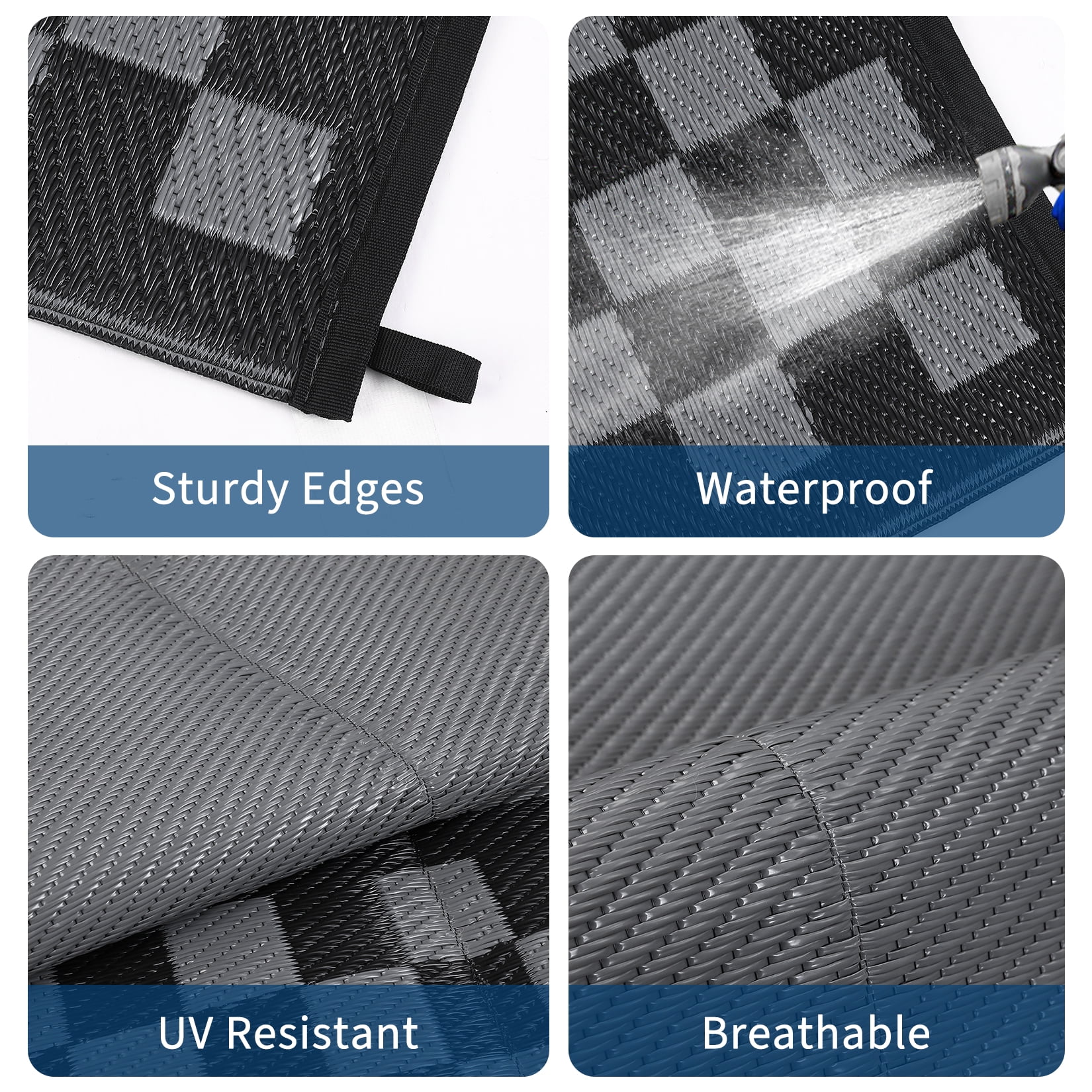 HIWEAVER 9' x 12' Black/Gray Outdoor Rug PP Plastic Straw Woven Waterproof Patio Rug with Border Portable Outside Carpet for Balcony Deck Picnic Garden Decor