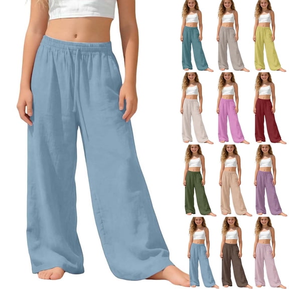 Lovzfmll Girl's Pants, Linen Drawstring Wide Leg Loose Fit with Pockets, Casual Pants for Big Girls 13-14 Years