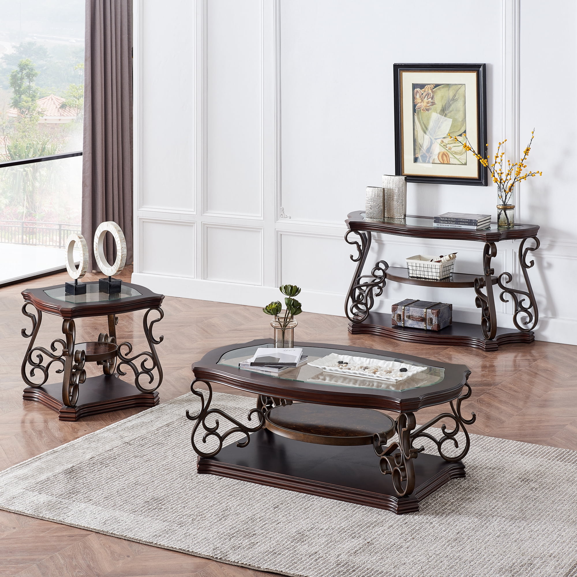 Shunda K Cocktail Table Glass Table Top Mdf W Marble Paper Middle Shelf Powder Coat Finish Metal Legs Dark Brown Walmart Com Walmart Com